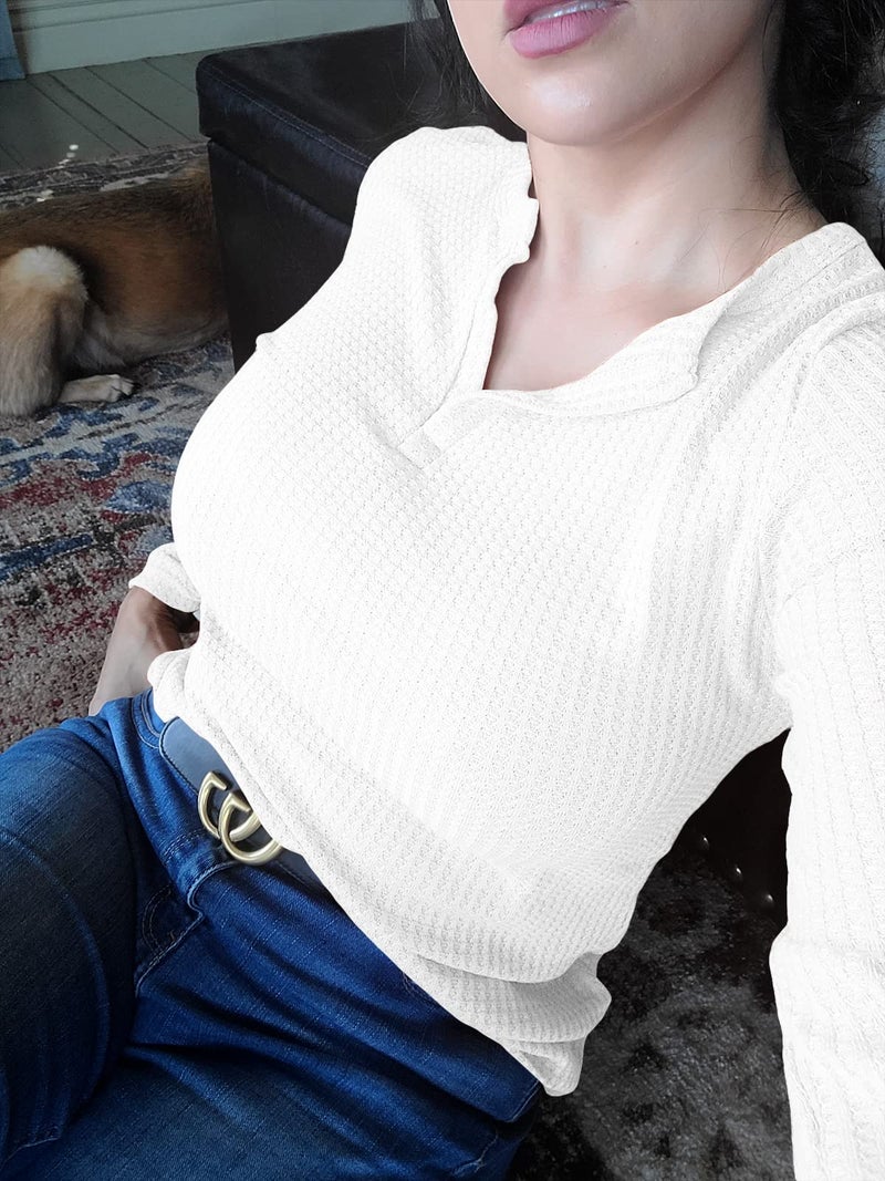 Farktop Women's V Neck Waffle Knit Henley Tops Casual Long Sleeve Pullover Sweater Blouses (White, Large) - Image 3